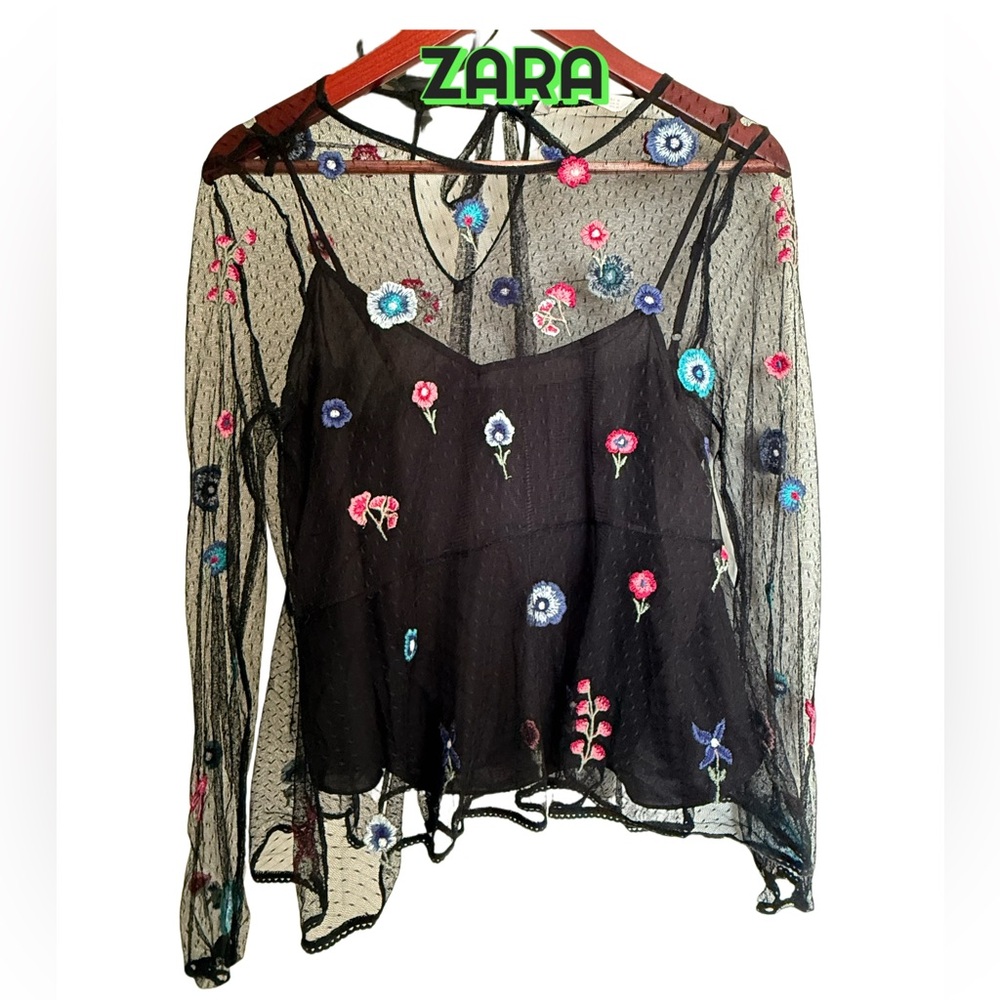 Zara Sheer Black Floral Embroidered Blouse (Used, Excellence, Size M)